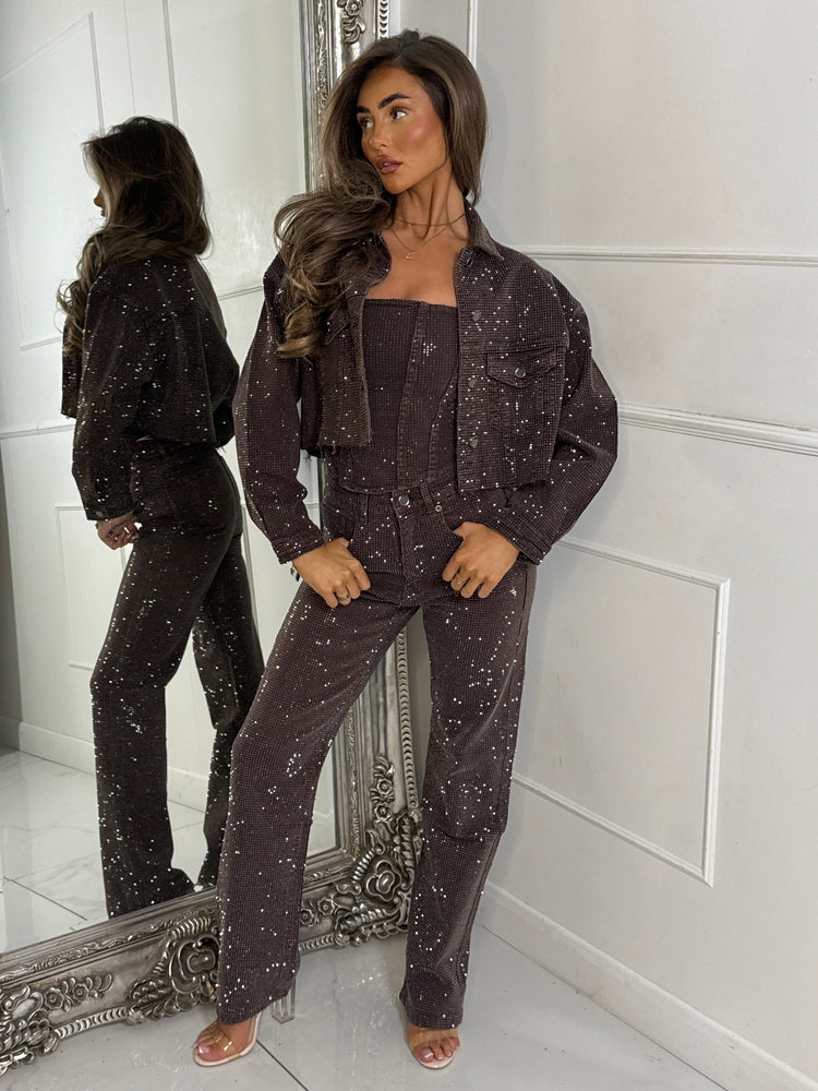 3 Piece Diamante Denim Jeans & Corset & Jacket Set - Brown Denim
