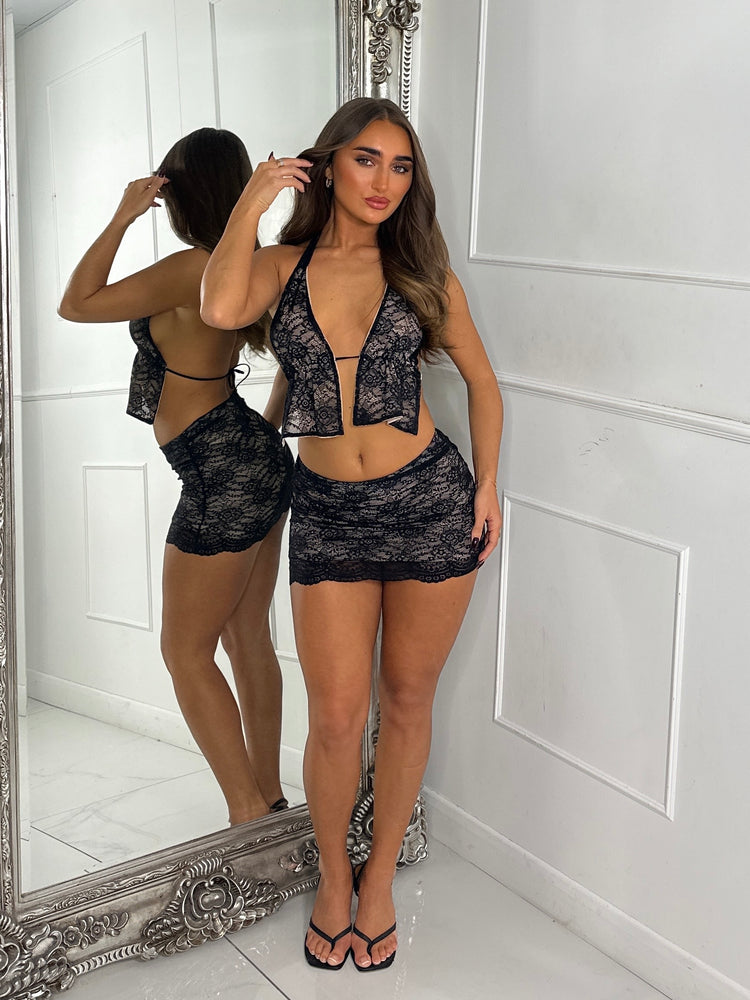 PRE ORDER Lace Mini Skirt & Halterneck Top Co-ord - Black/Beige