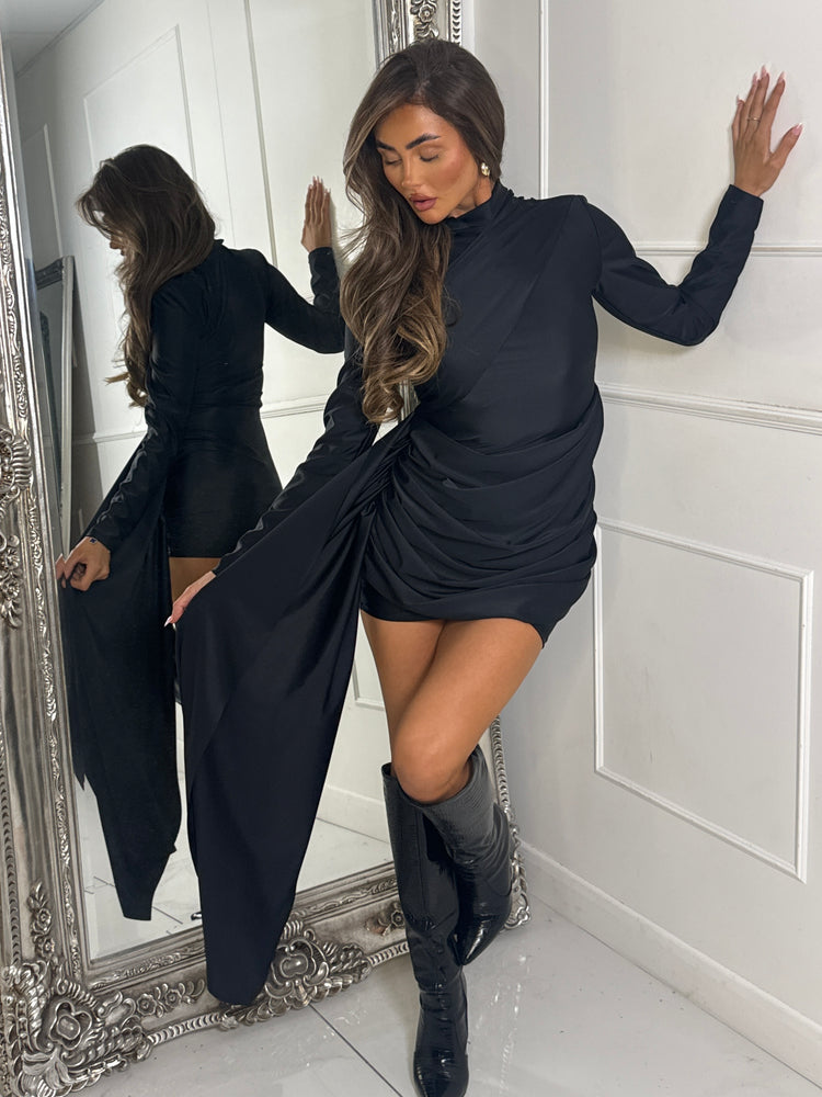 High Neck Long Sleeve Sash & Drape Detail Dress - Black