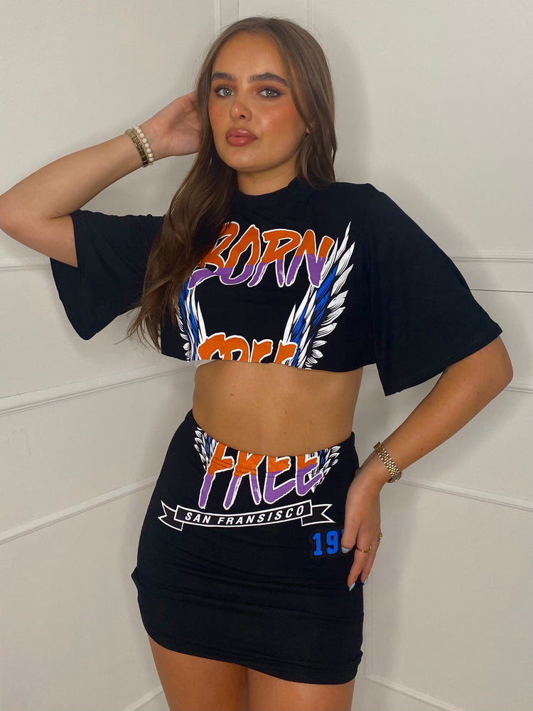 Cropped T-Shirt Co-ord - Black Born Free Print