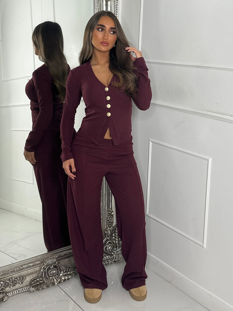 Long Sleeve Vneck Gold Button Pants Co-Ord - Wine