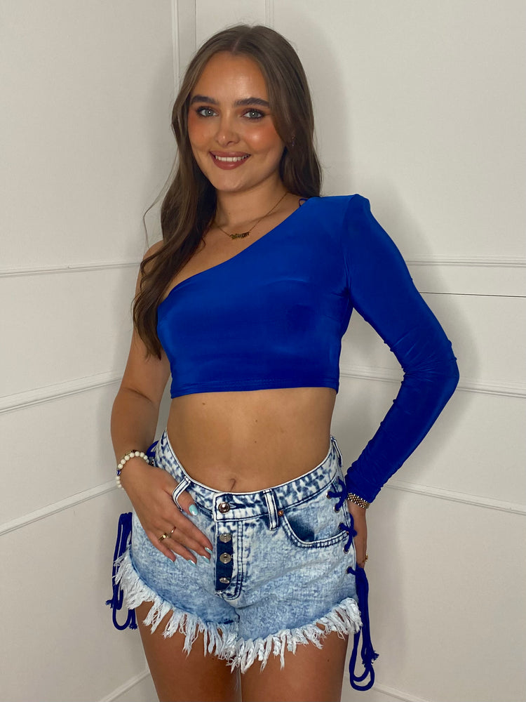 Lace Up String Denim Shorts - Blue/Royal Blue