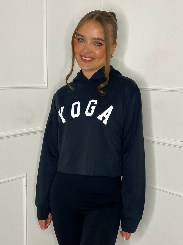 Yoga Print Cropped Hoodie - Black