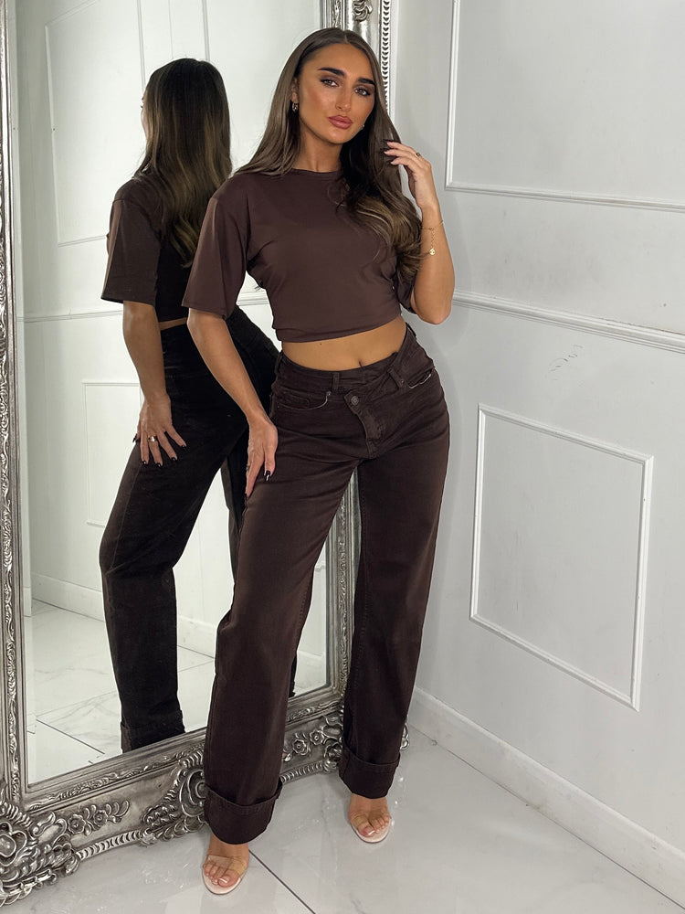 Asymmetric Waist Detail Wide Leg Jeans - Brown