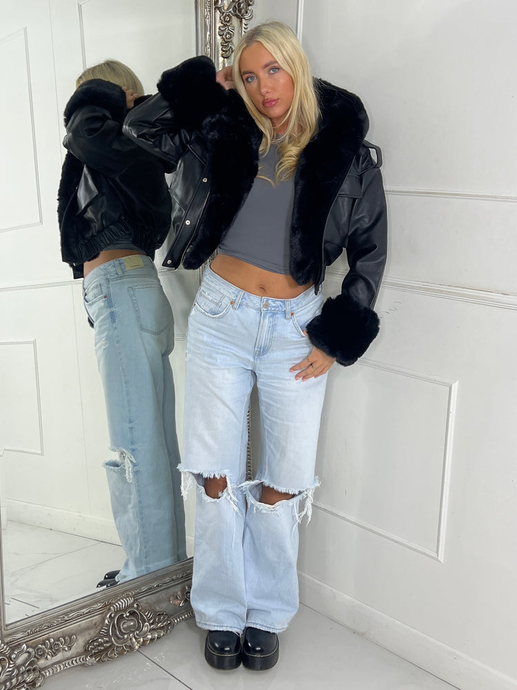 Faux Fur Cuff & Pocket Detail Pu Contrast Jacket - Black
