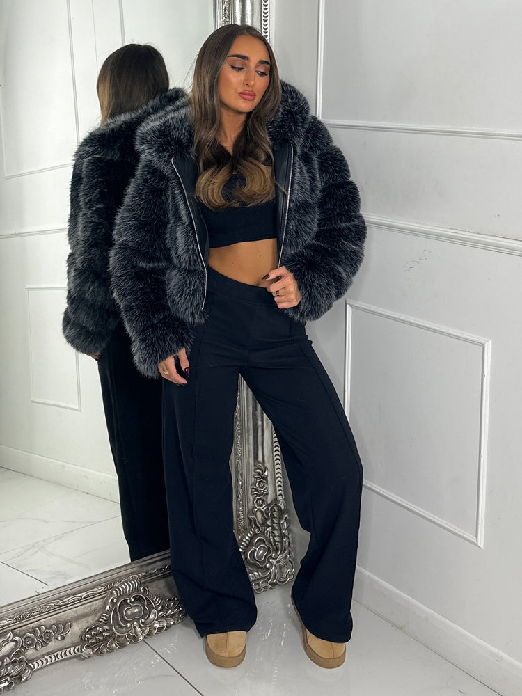 Hooded 2 Toned Faux Fur Tiered Jacket - Black/Grey