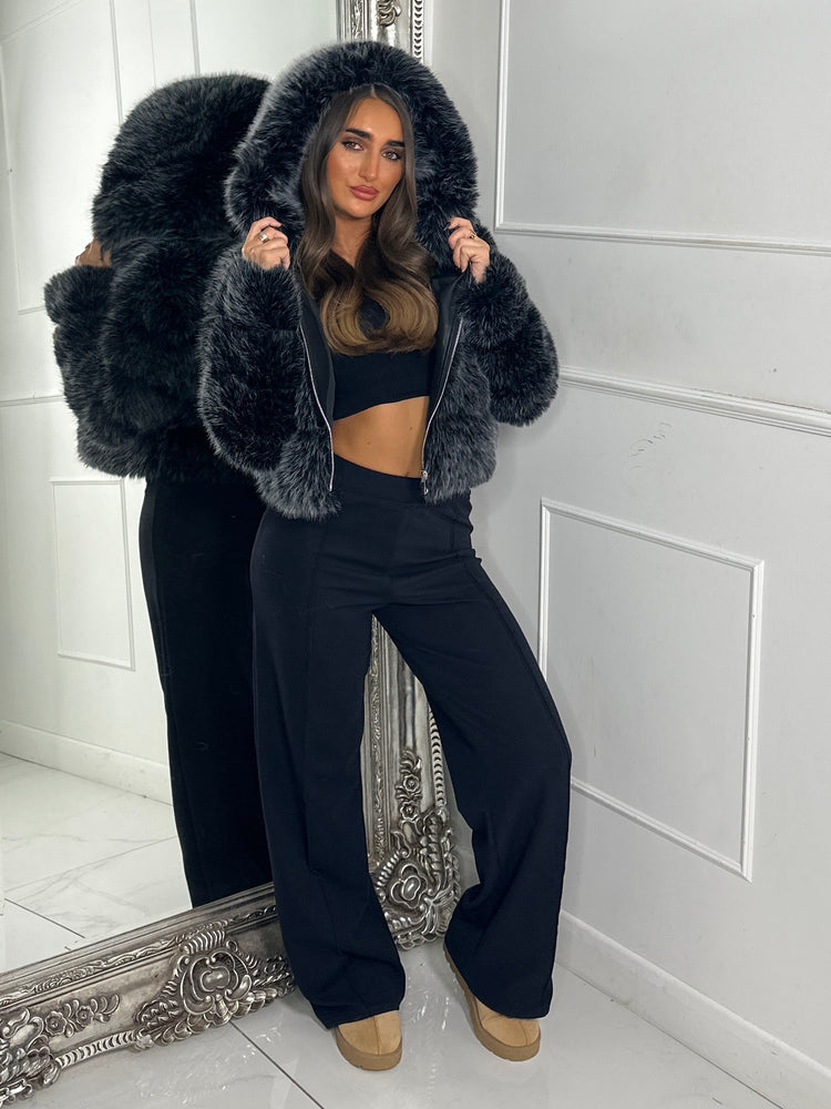 Hooded 2 Toned Faux Fur Tiered Jacket - Black/Grey