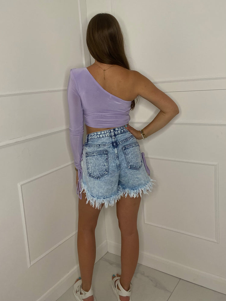 Lace Up String Denim Shorts - Blue/Lilac