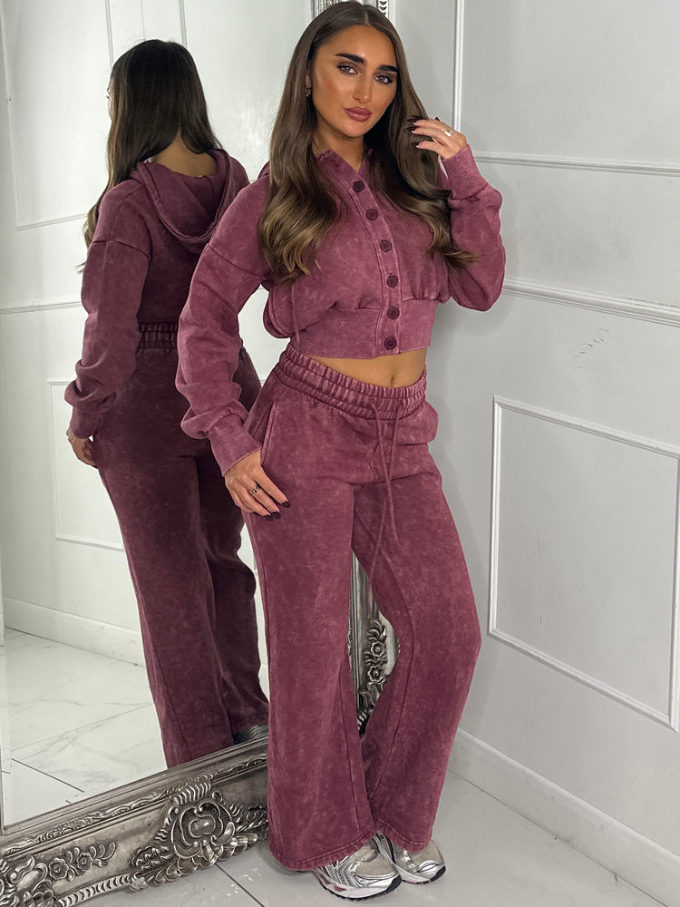 Hooded Button Up Cropped Acidwash Tracksuit - Wine
