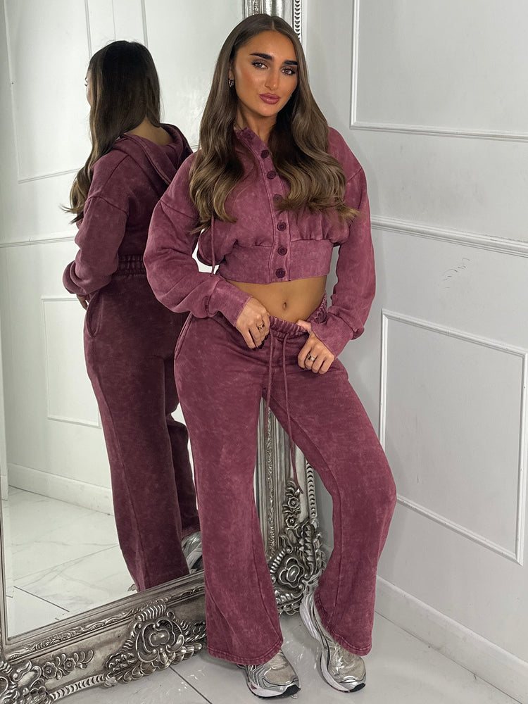 Hooded Button Up Cropped Acidwash Tracksuit - Wine