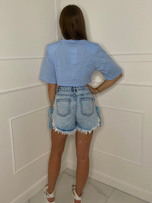 Lace Up String Denim Shorts - Blue/Baby Blue