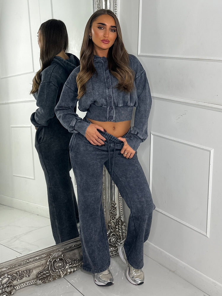 Hooded Button Up Cropped Acidwash Tracksuit - Charcoal