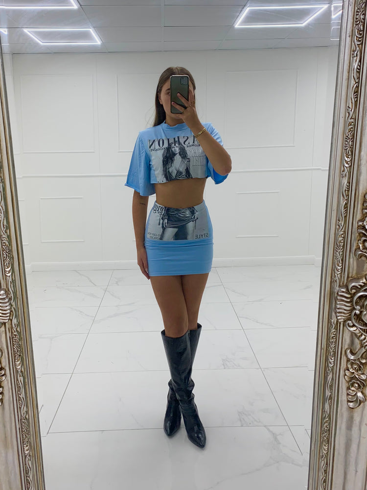 Cropped T-shirt Co-ord- Baby Blue Fashion Print