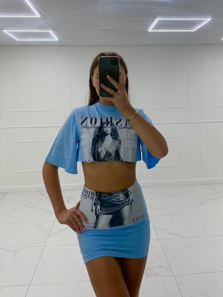 Cropped T-shirt Co-ord- Baby Blue Fashion Print