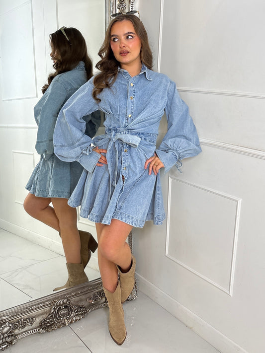 Denim Collared Frill Detail Tie Belt Dress