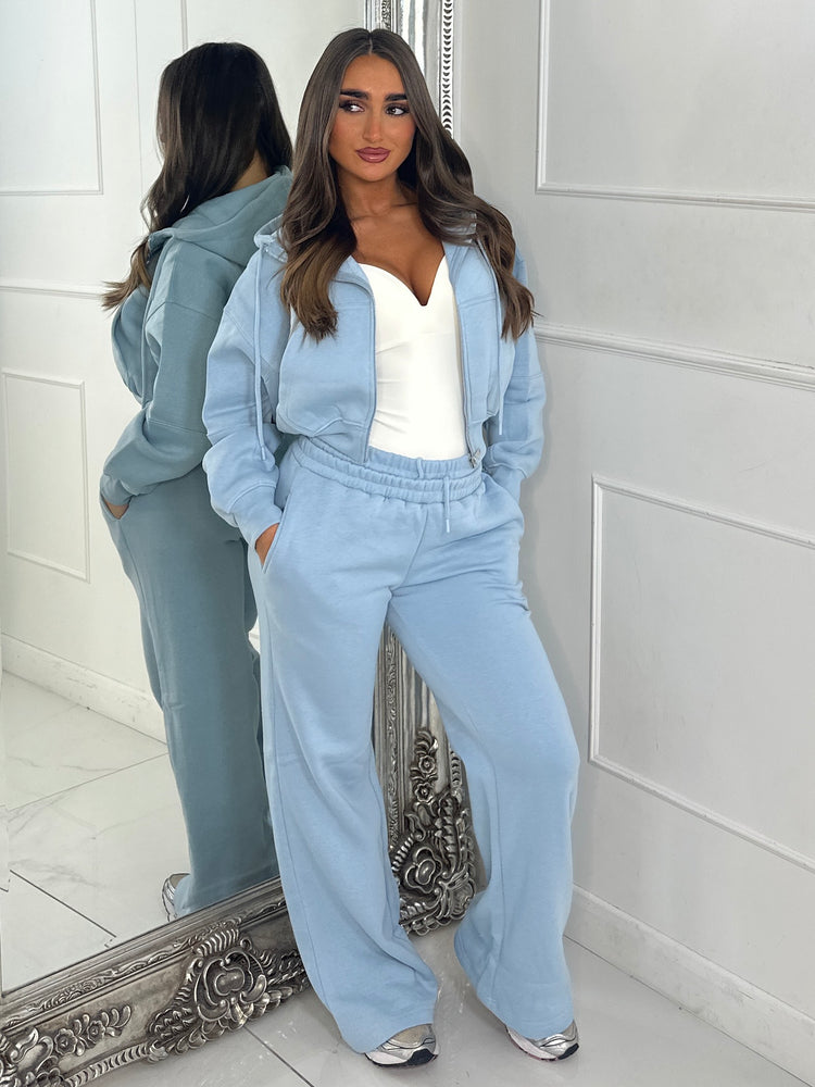 Hooded Zip Up & Double Waist Band Wide Leg Joggers Tracksuit - Baby Blue