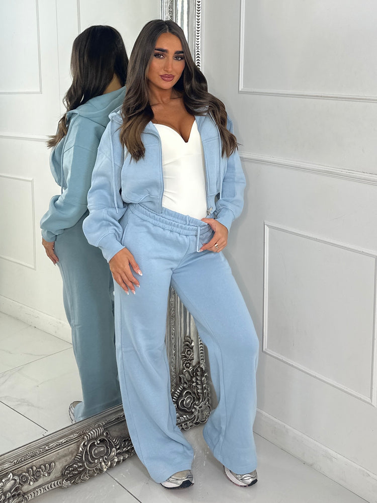 Hooded Zip Up & Double Waist Band Wide Leg Joggers Tracksuit - Baby Blue