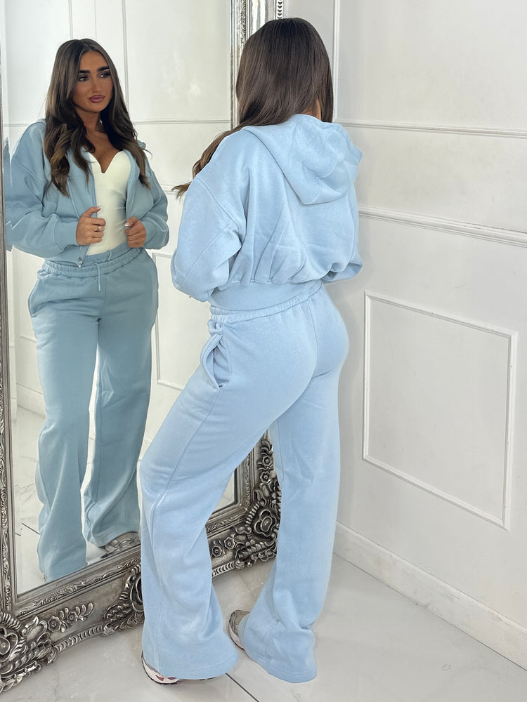 Hooded Zip Up & Double Waist Band Wide Leg Joggers Tracksuit - Baby Blue