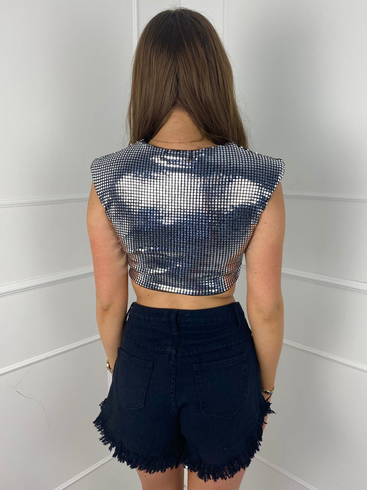 Sequin Sleeveless Shoulder Pad Crop Top- Silver