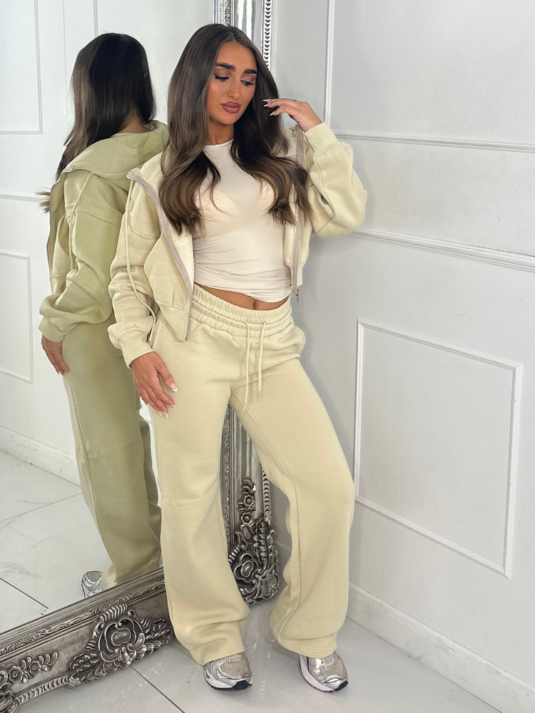 Hooded Zip Up & Double Waist Band Wide Leg Joggers Tracksuit - Beige