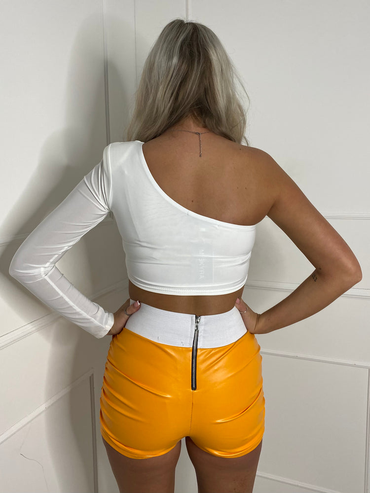 Thick Band Ruched Side PU Shorts - Orange