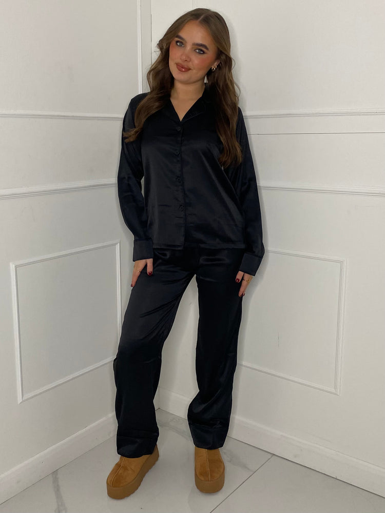 Satin Pyjamas Set - Black Plain