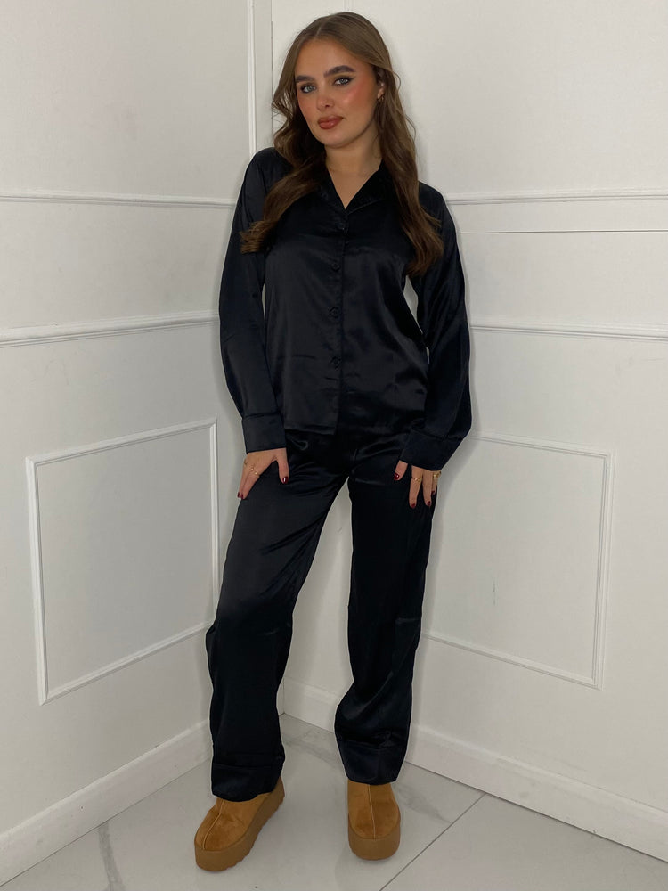 Satin Pyjamas Set - Black Plain