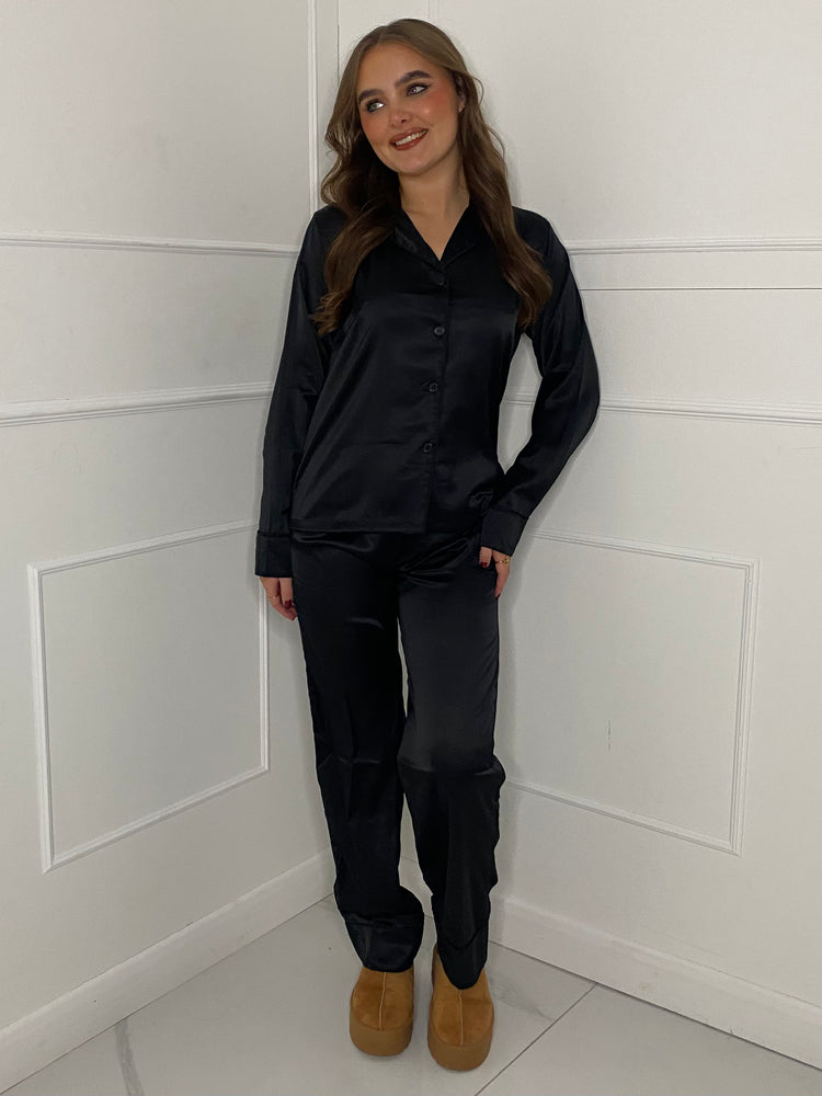 Satin Pyjamas Set - Black Plain