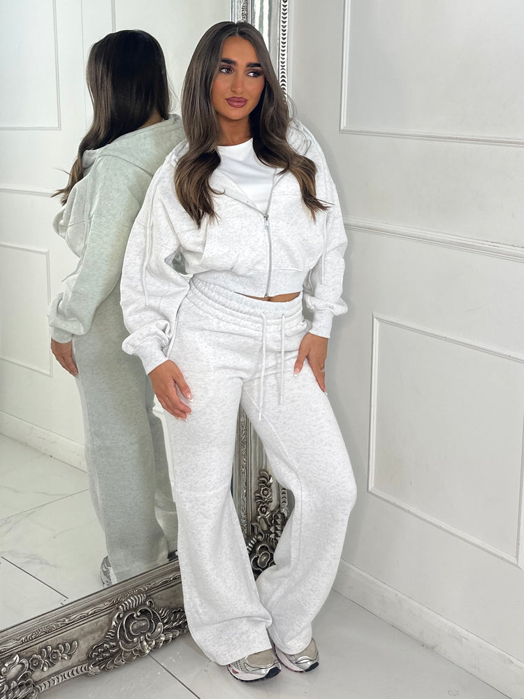 Hooded Zip Up & Double Waist Band Wide Leg Joggers Tracksuit - Bleach Grey