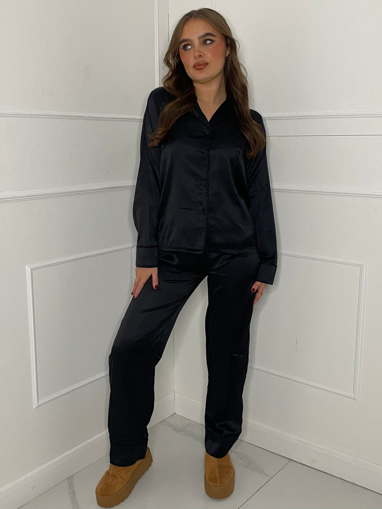 Satin Pyjamas Set - Black Plain