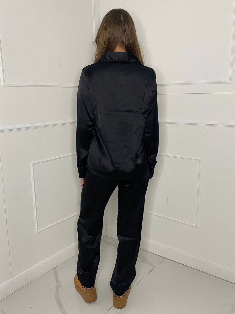 Satin Pyjamas Set - Black Plain