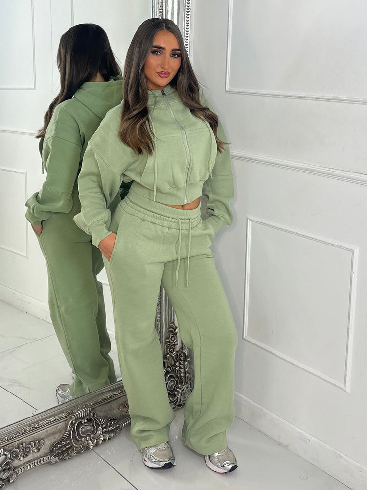 Hooded Zip Up & Double Waist Band Wide Leg Joggers Tracksuit - Sage Green