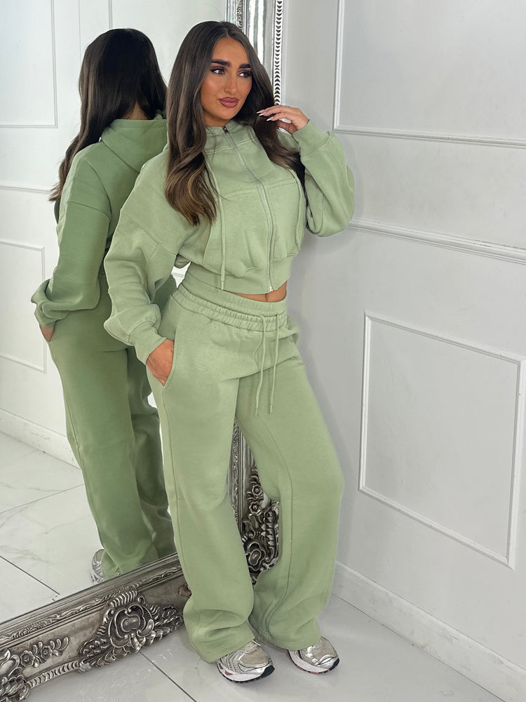 Hooded Zip Up & Double Waist Band Wide Leg Joggers Tracksuit - Sage Green