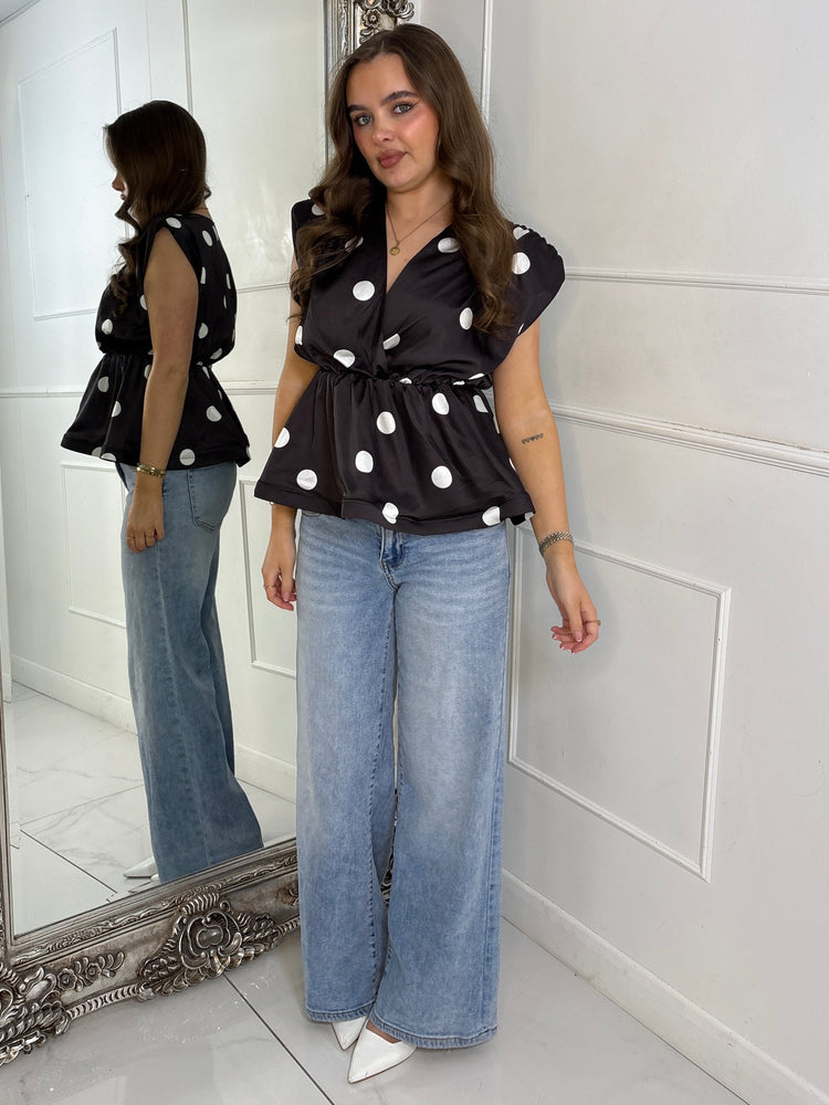 Polka Dot Padded Shoulder Frill Top - Brown/White