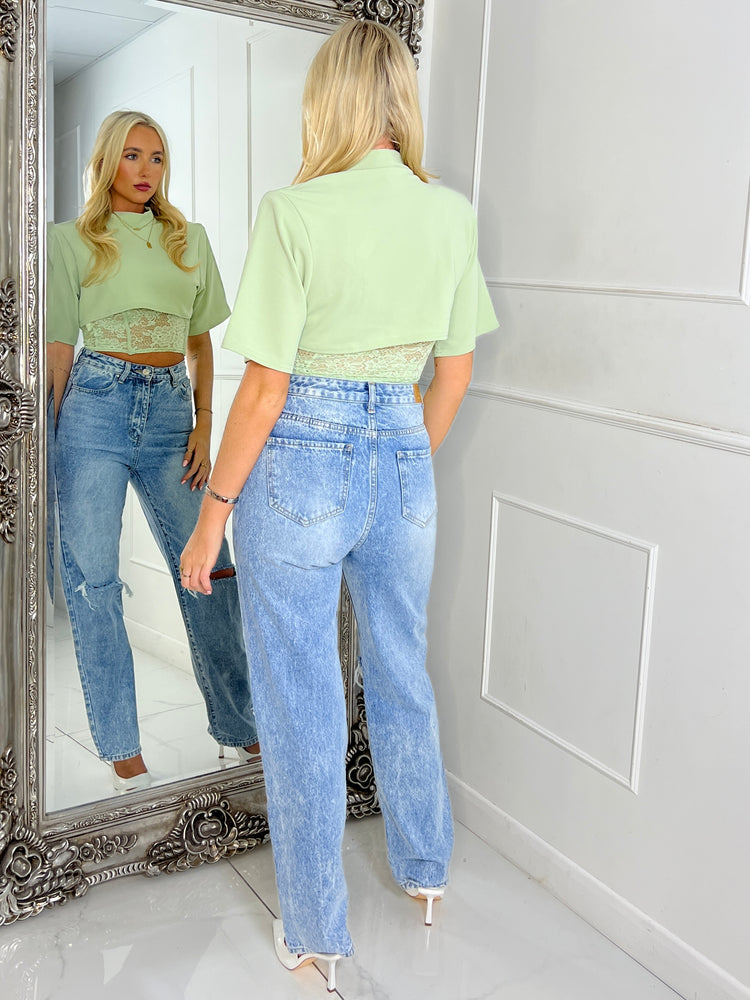 Padded Shoulder Cropped Tee With Lace Bra Underlayer - Sage Green