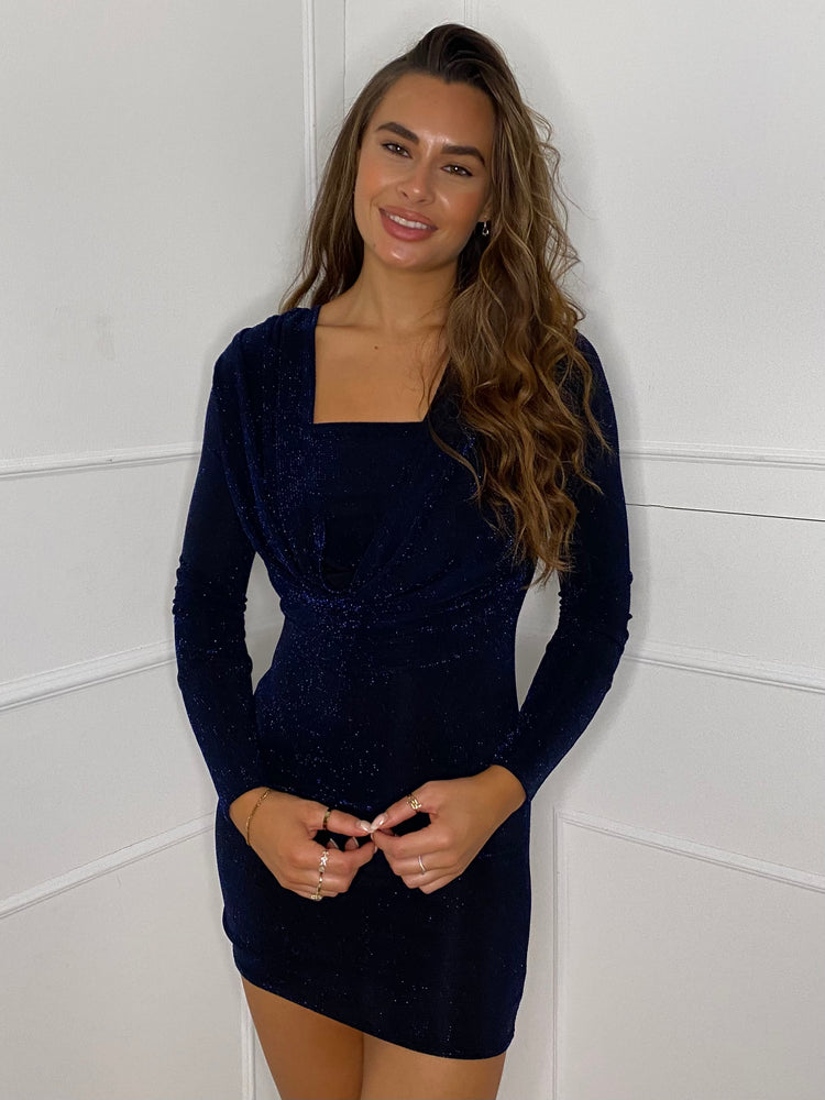 Cowl Neck Glitter Dress - Midnight Blue