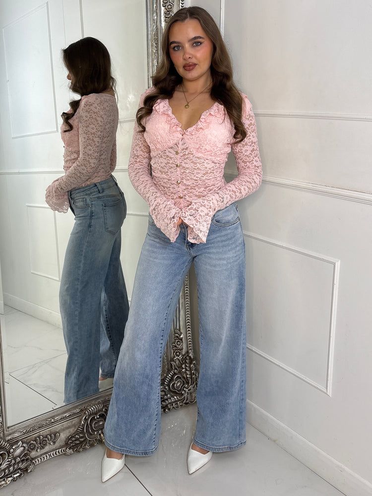 Lace Ruffle Long Sleeve Bodysuit - Baby Pink