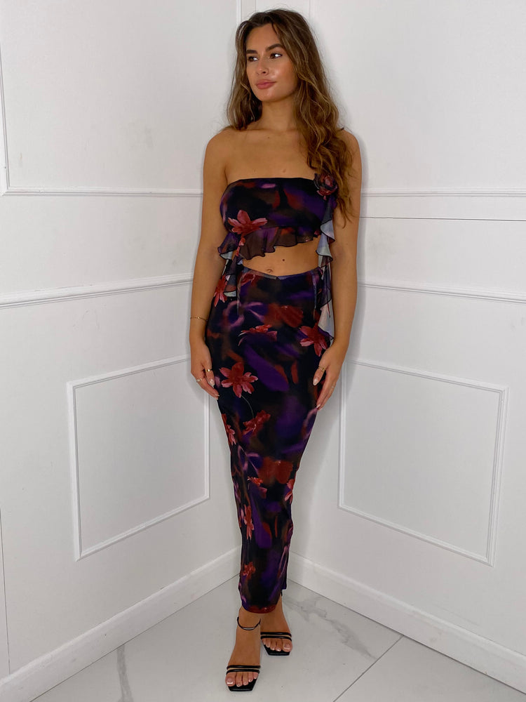 Mesh Bandeau Maxi Skirt Co-ord - Purple Print