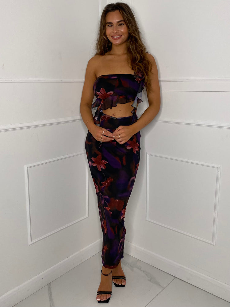 Mesh Bandeau Maxi Skirt Co-ord - Purple Print