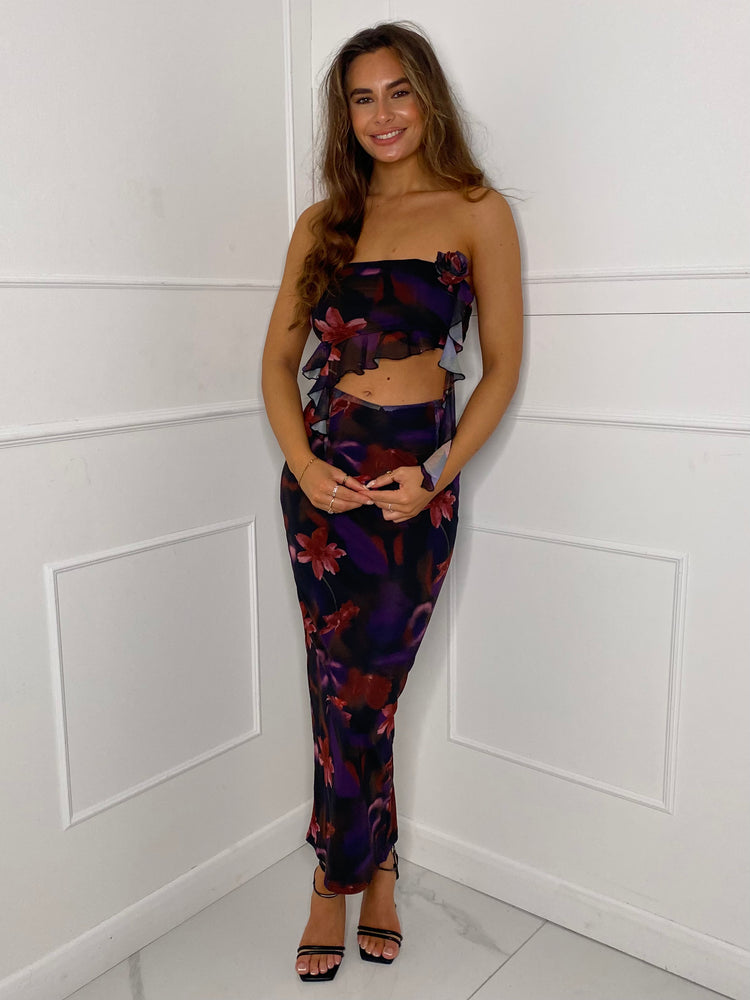 Mesh Bandeau Maxi Skirt Co-ord - Purple Print