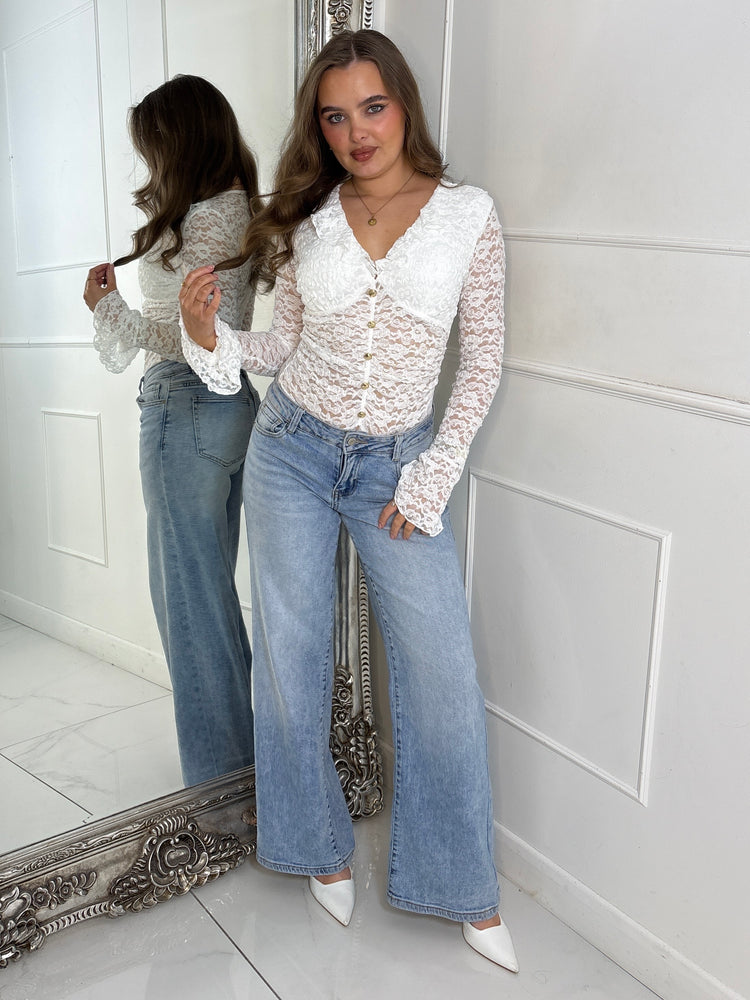 Lace Ruffle Long Sleeve Bodysuit - White