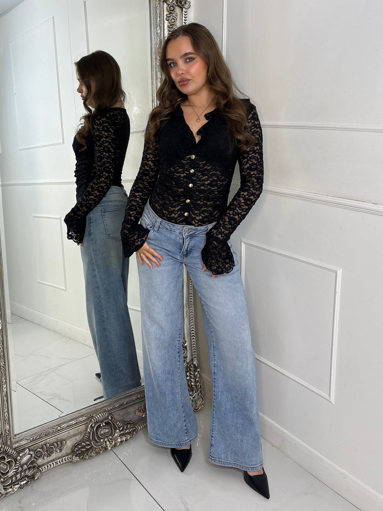 Lace Ruffle Long Sleeve Bodysuit - Black