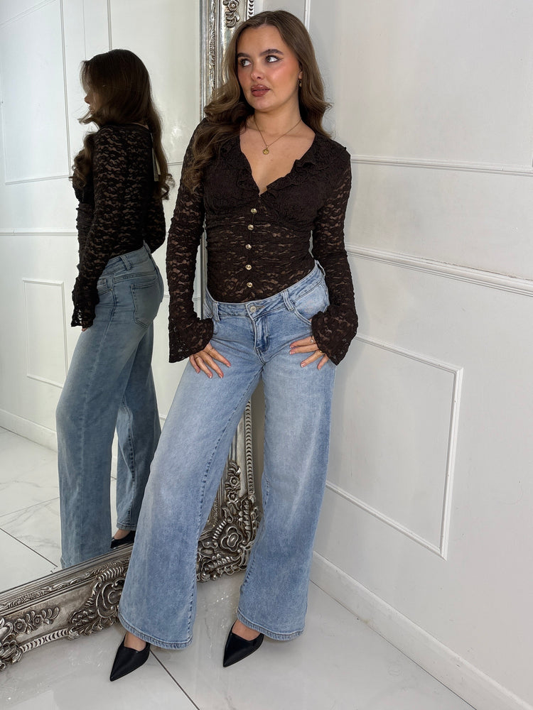 Lace Ruffle Long Sleeve Bodysuit - Brown