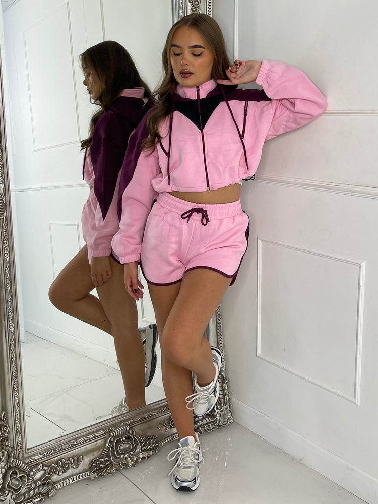 Block Colour Contrast Soft Cotton Jacket & Shorts Co-Ord Set - Baby Pink/Wine/Black