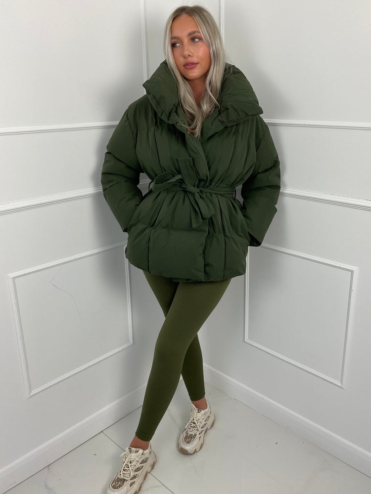 Short Belted Puffer Jacket- Khaki