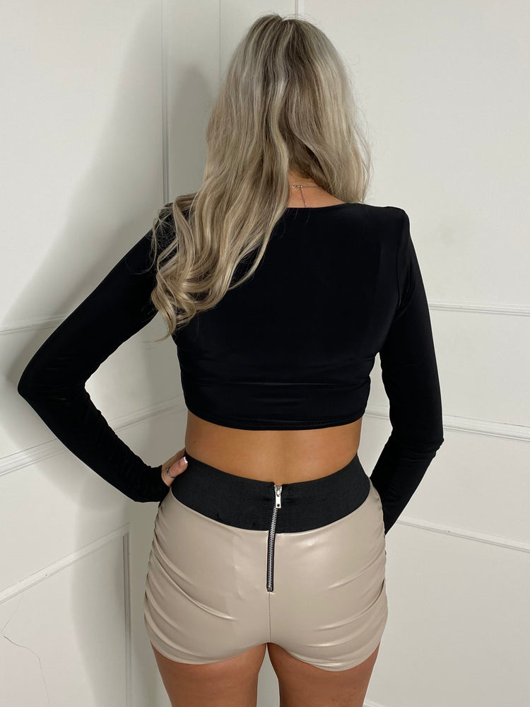 Thick Band Ruched Side PU Shorts - Beige