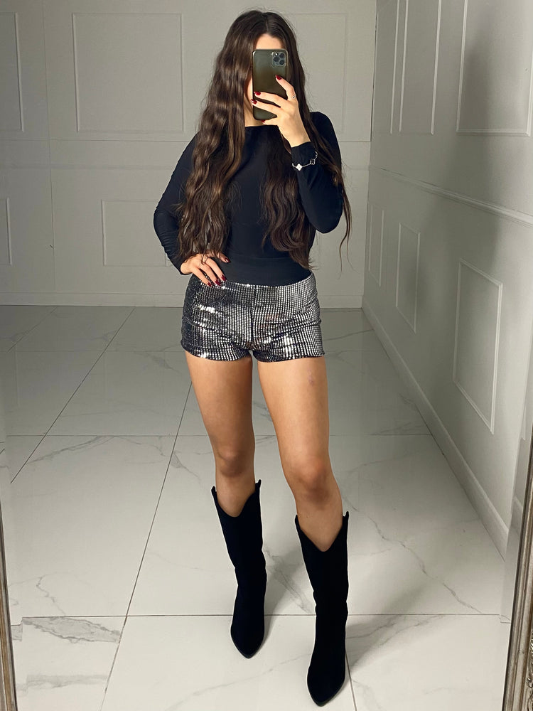 Sequin Thick Band Shorts- Black/Silver