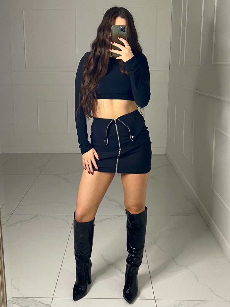Fold Over Detail Skirt - Black