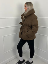 Short Belted Puffer Jacket- Brown