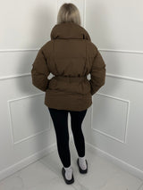 Short Belted Puffer Jacket- Brown